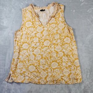 Women's Talbots Yellow Floral Ruffle V Neck Sleeveless Top Blouse L
